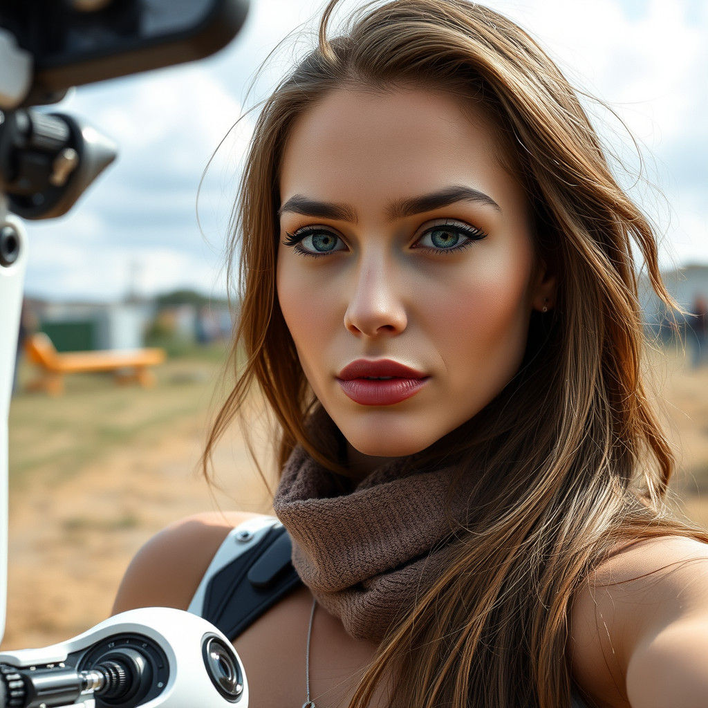 Hyperrealistic Robotic Woman Taking Selfie Outdoors