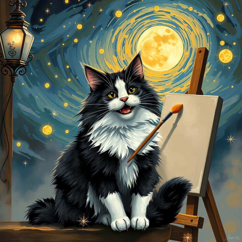 Whimsical Cat in Art Nouveau Surrounds, Van Gogh-Inspired Sk...