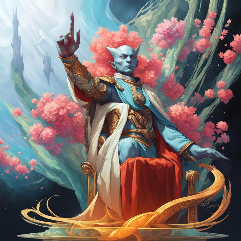 Half-length portrait of an alien doing a Vulcan salute with his hand looking at the camera, friendly, pleasant, rule of ...