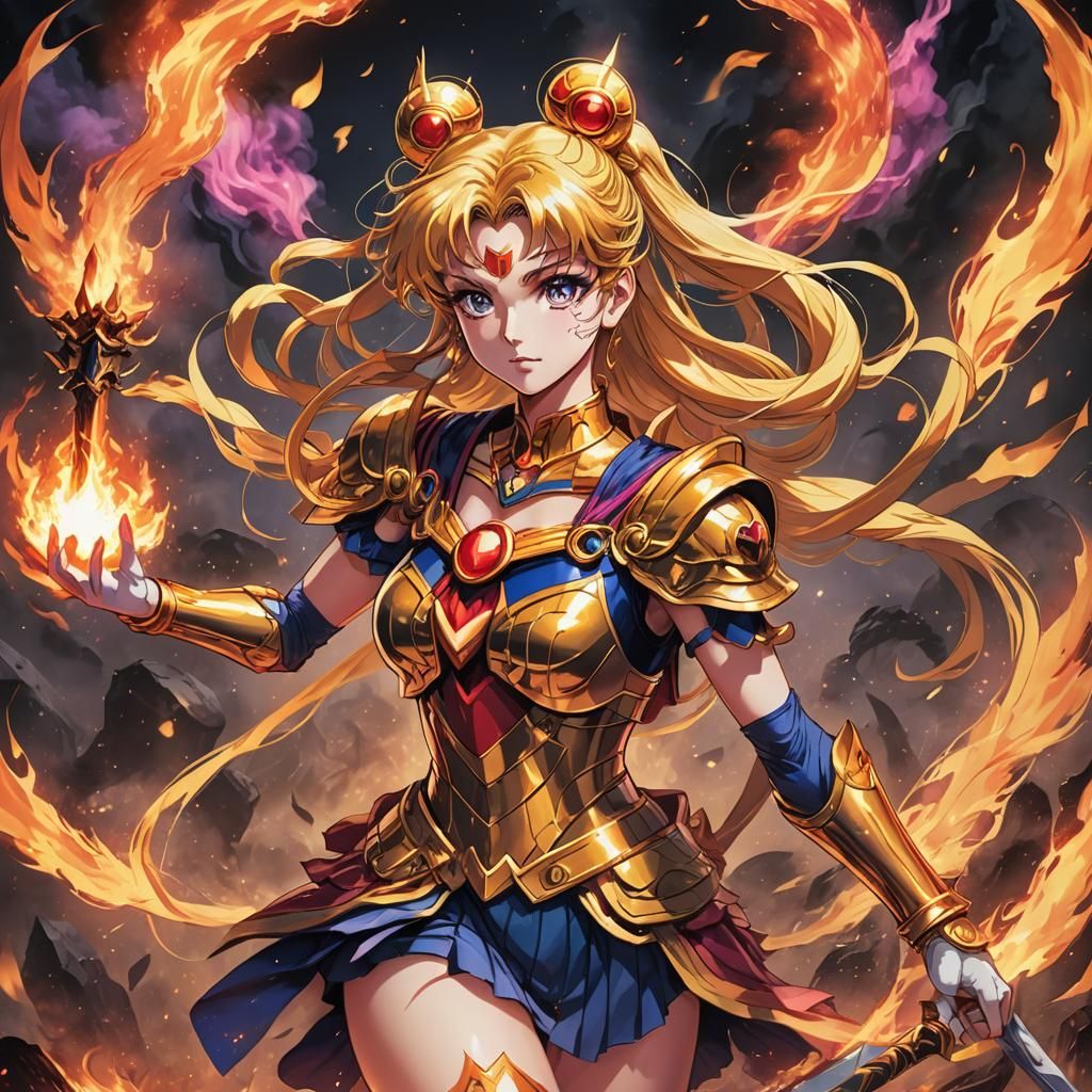 Anime Warrior in Burning Fantasy Landscape