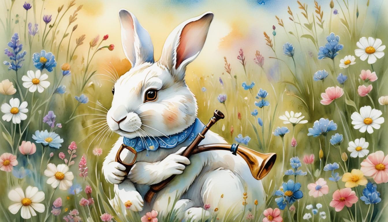Whimsical Rabbit Figurine in Watercolour Meadow