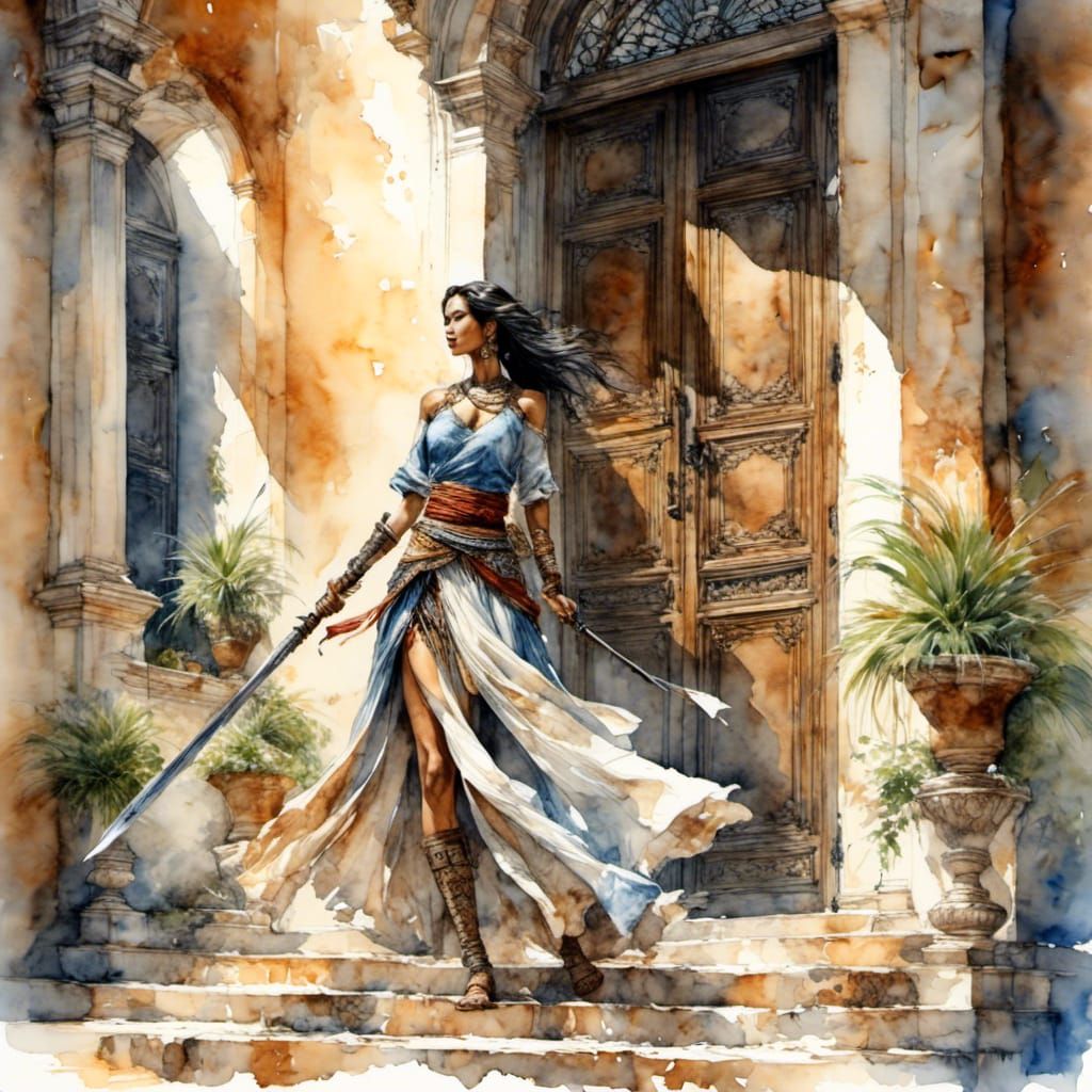 Tall Woman Warrior Opens Door in Hyperrealistic Style