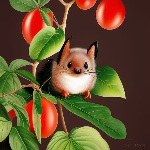 Adorable Bat on Tomato Plant in Kawaii Style