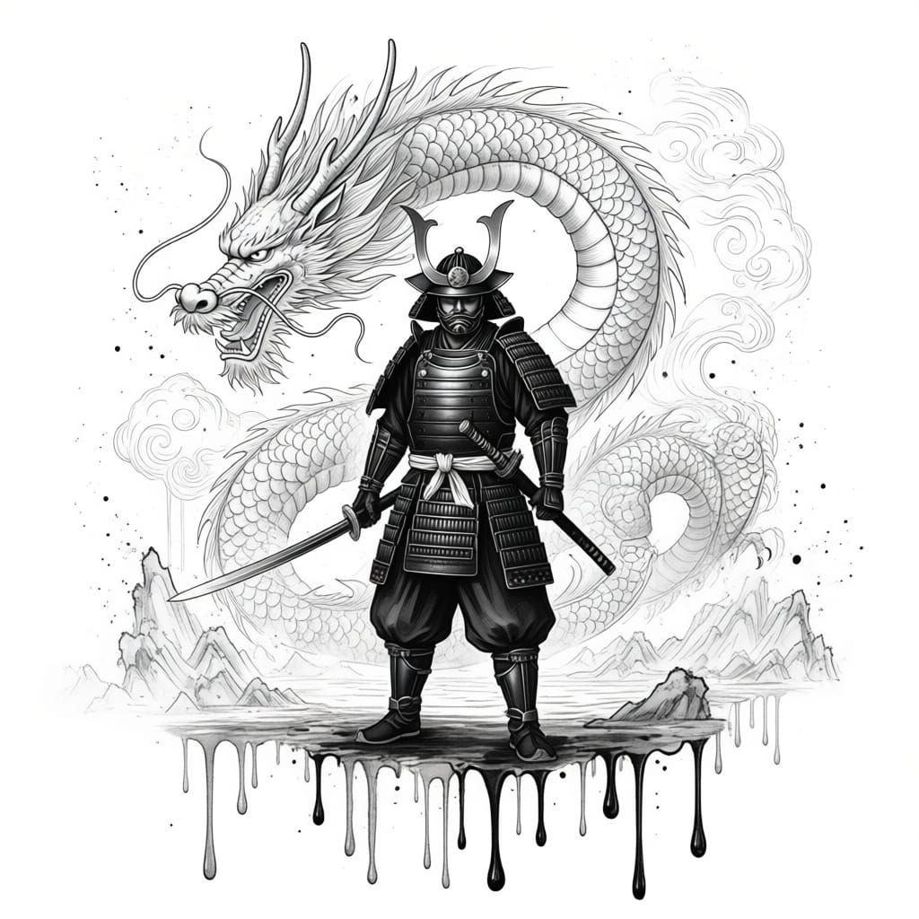 Samurai Warrior Battles White Dragon in Magical Forest