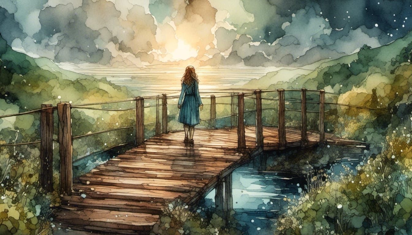 Girl on Celtic Bridge over Glass Stream