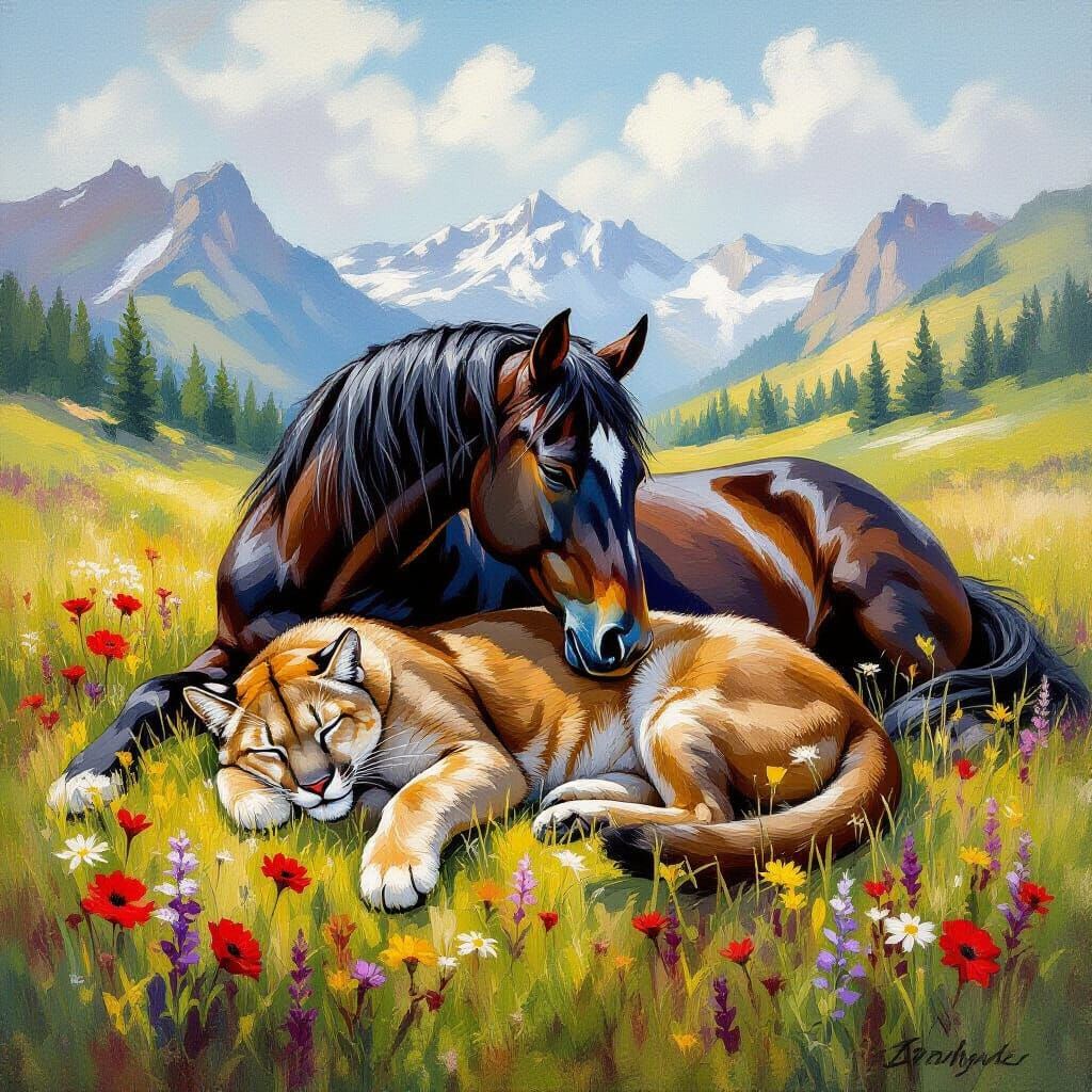 Impressionist Oil Painting of Cougar and Horse Friends