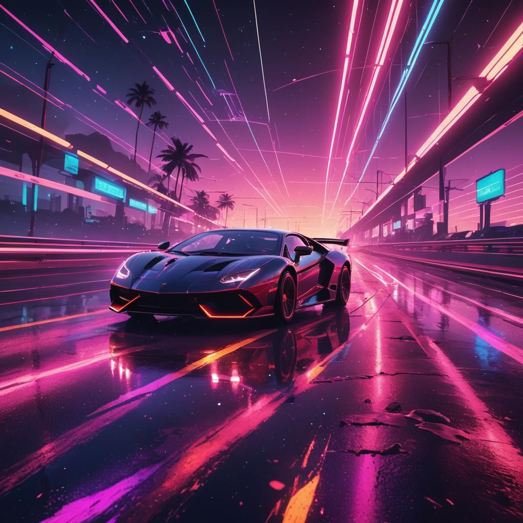 Supercars Racing on Galaxy Road in Synthwave Style