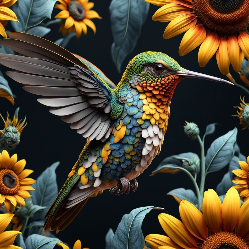 Cyborg Hummingbird with Sunflowers: 3D Render