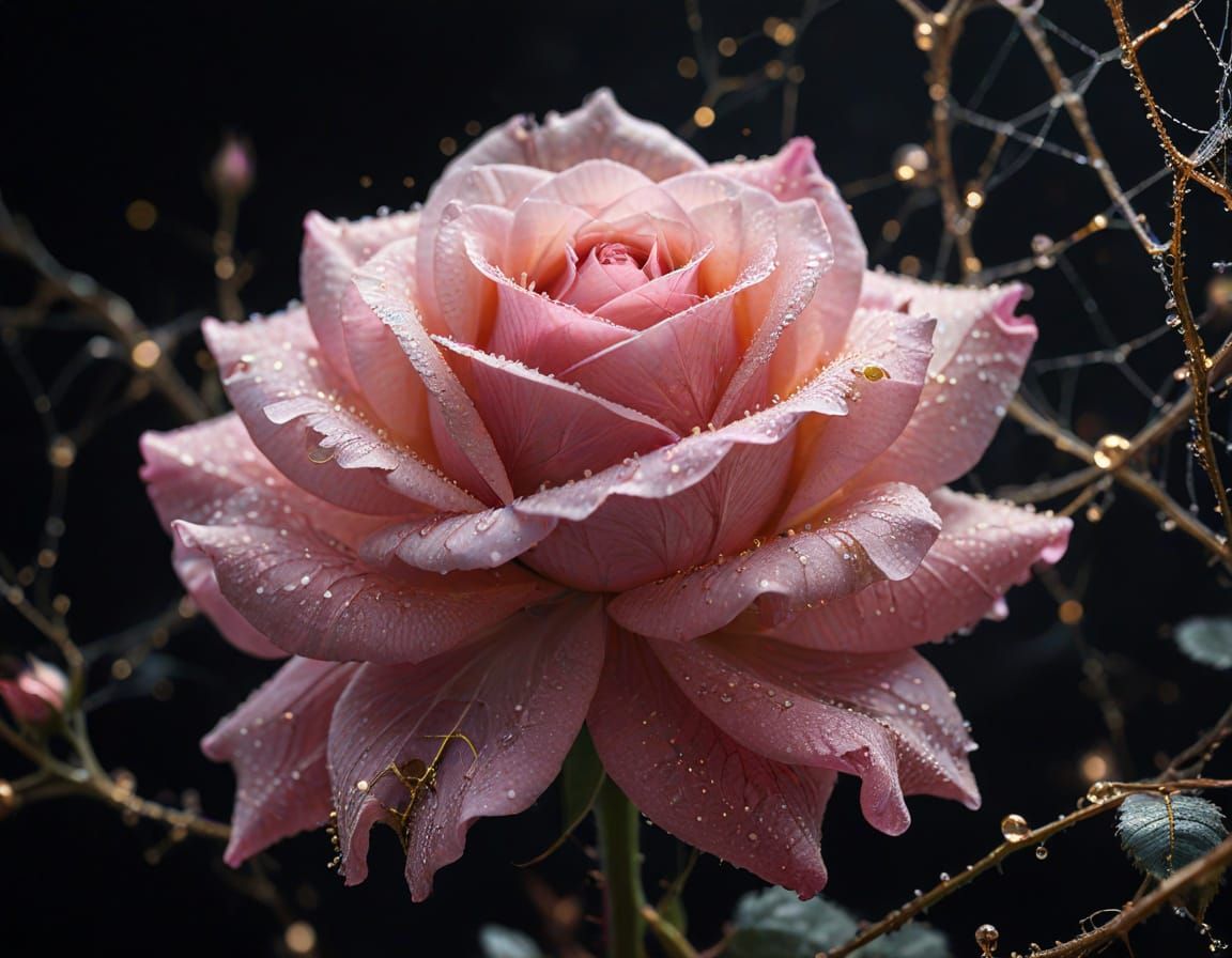Ethereal Pink Rose Woven from Spider Webs in Macro Detail