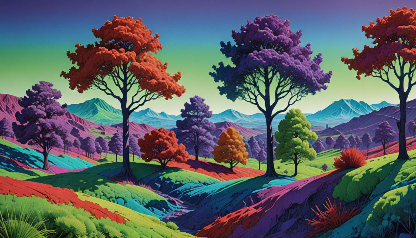 Luminous Landscape with Geo-Mathematical Trees in Vibrant Hu...
