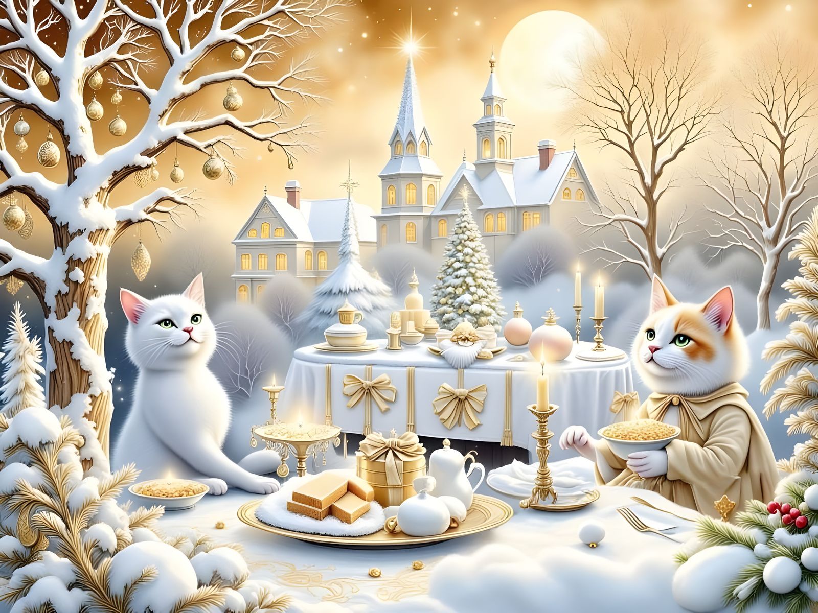 Art Deco Cats Celebrate Christmas Eve Feast