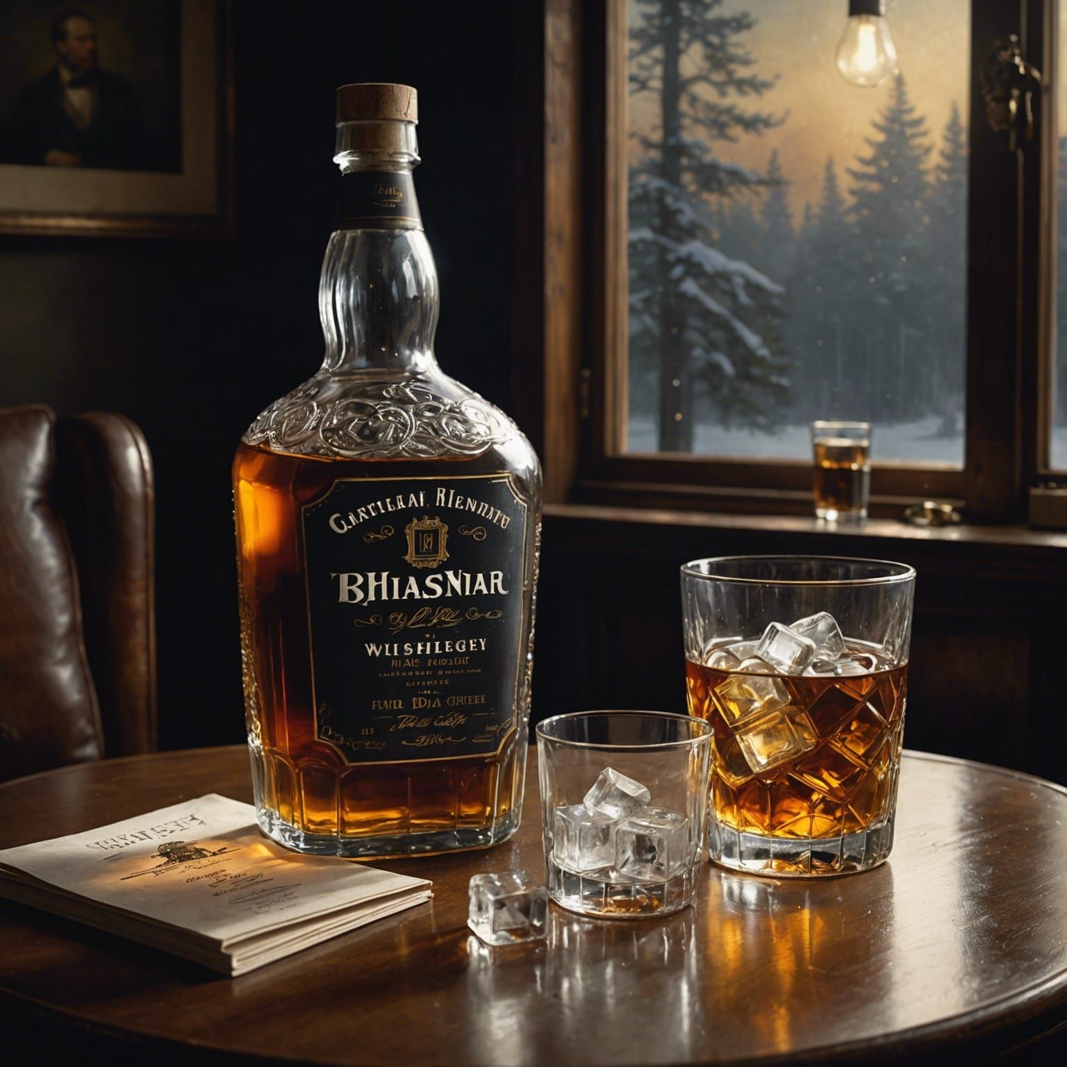 Whiskey Bottle Still Life, Photorealistic Painting