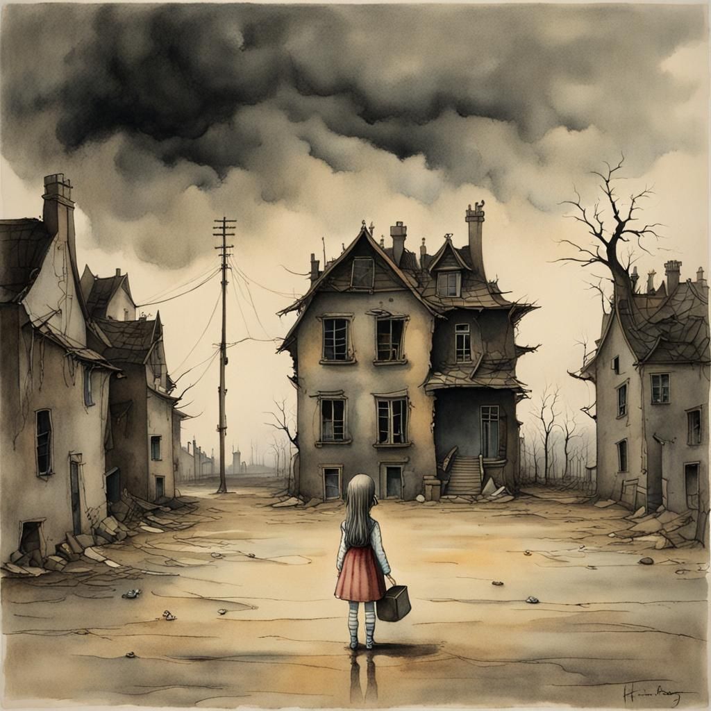 Eerie Girl in Street: Gothic Cross-Hatching Style