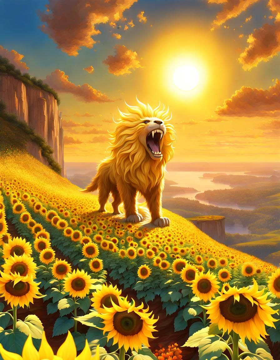 Sunflower Lion Monster Roaring on Cliff