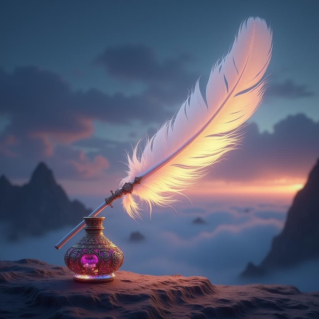 Luminescent Quill and Mystical Ink Bottle in Fantasy Setting