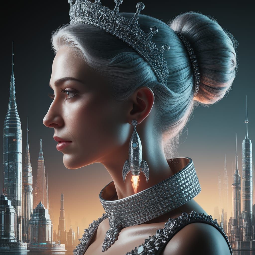 Queen Portrait with Chrome Rocket Earrings