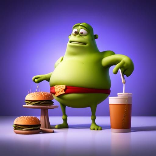 Man Eats Cheeseburgers Surrounded by Frogs: 3D Digital Art