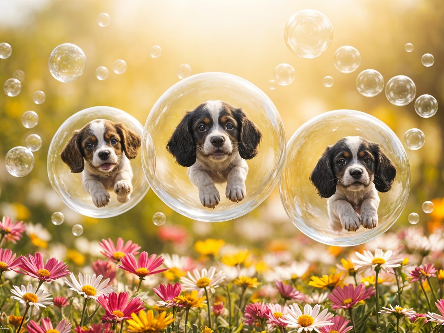 Happy Spaniel Puppies Floating in Bubbles