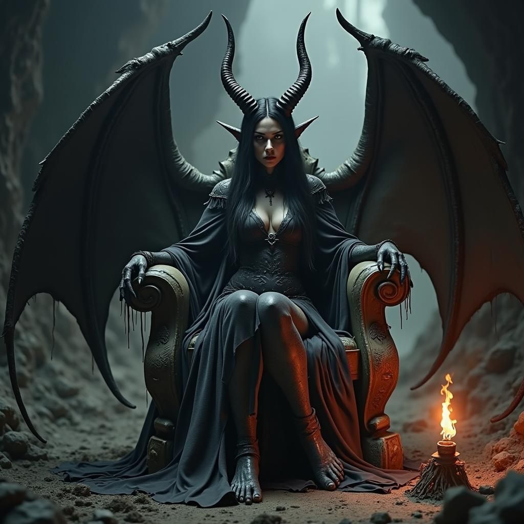 Demon Queen on Throne in Dark Fantasy Style