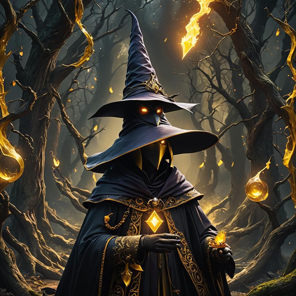Faceless Black Mage with Yellow Eyes, Detailed Digital Art