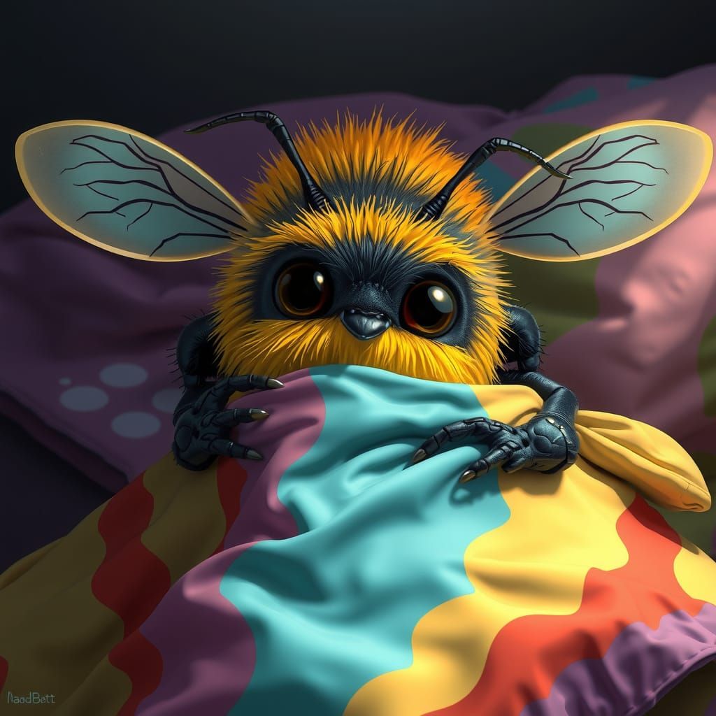 Cartoon Bumblebee in Cozy Bed, Hyperrealistic Concept Art