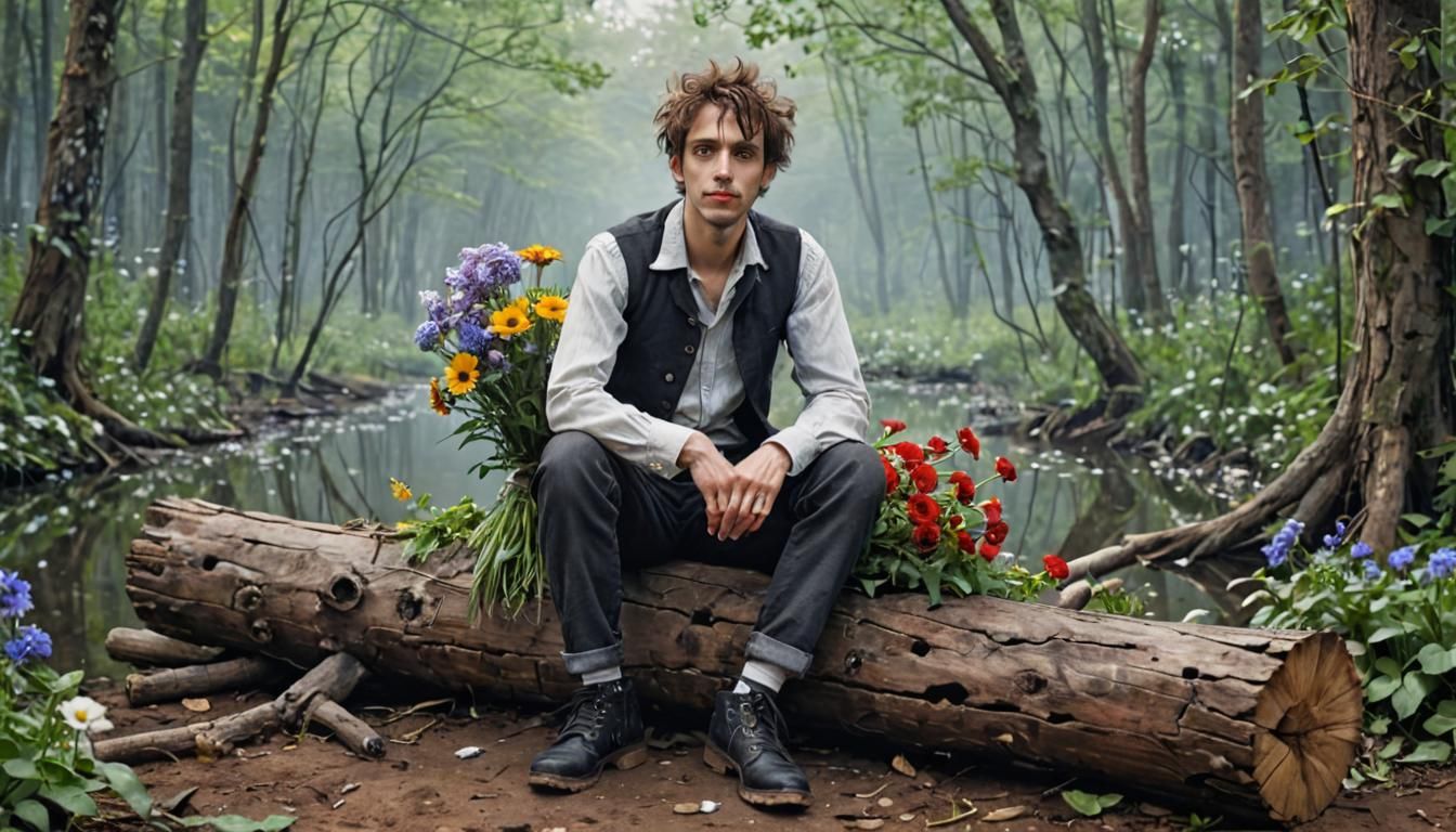 Young Man with Flowers in Burtonesque Style