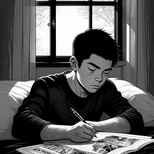 Boy Reading Comic Book: Black and White Ink Drawing