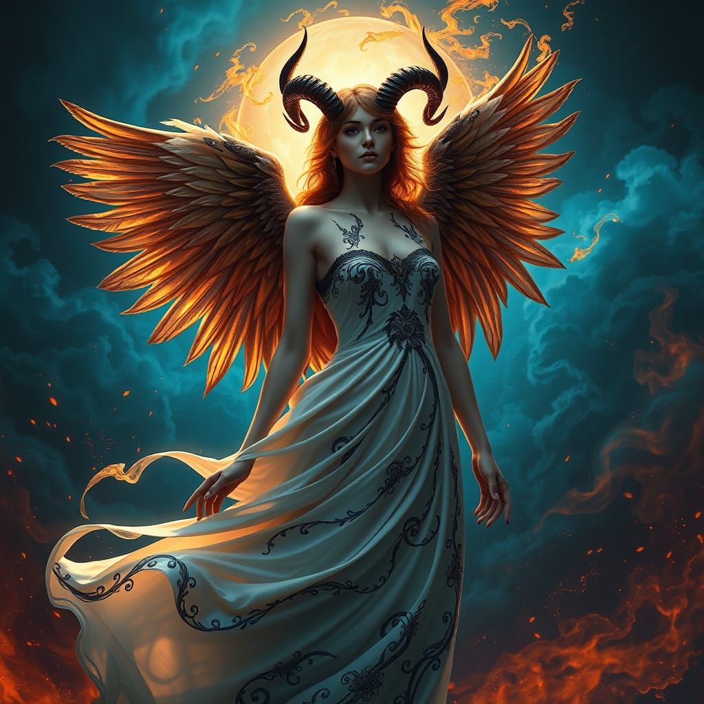 Angel-Demon Hybrid in Ethereal Landscape