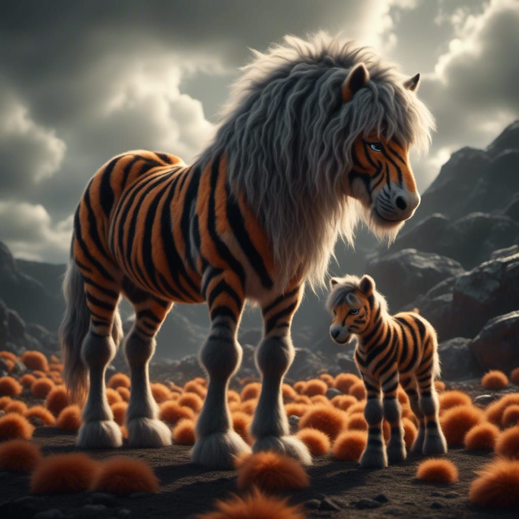 Tiger-Striped Horse with Foal in Photorealistic Style