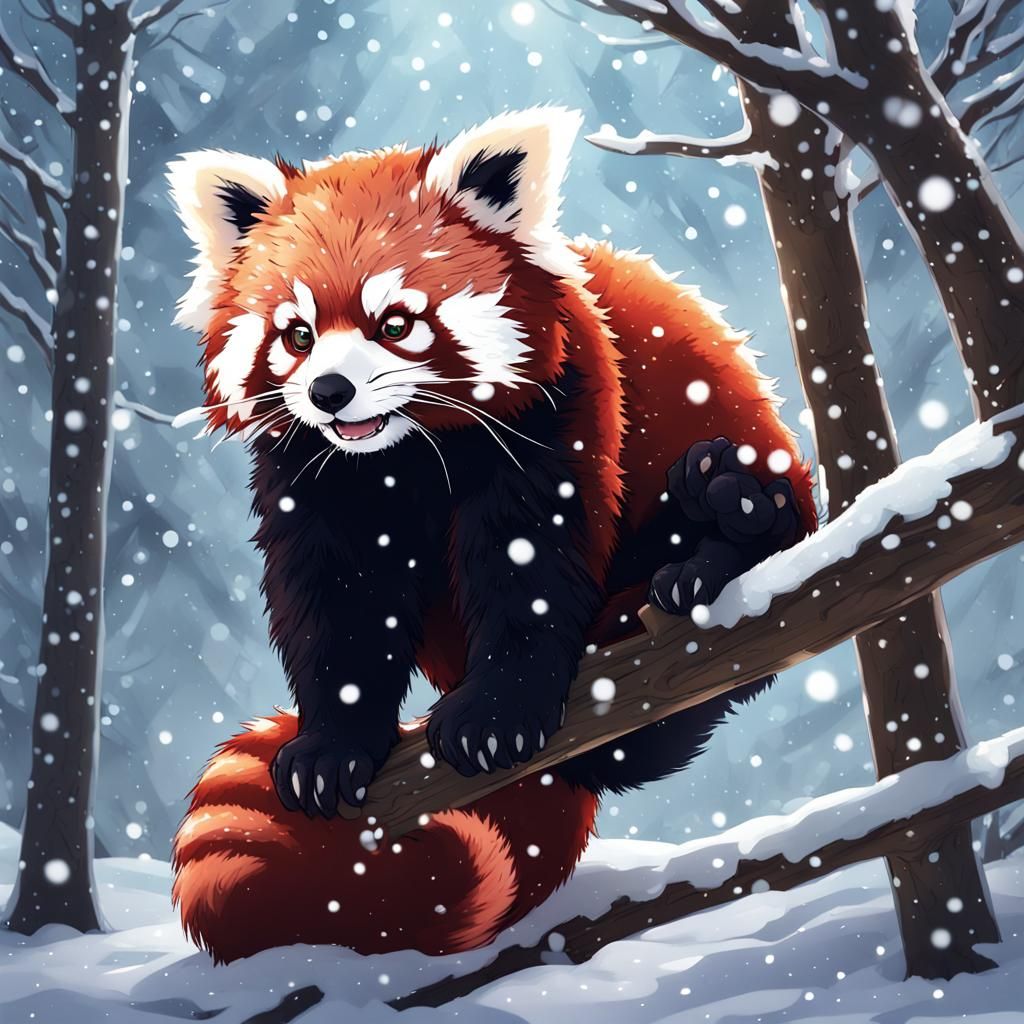 Red Panda in Snowy Forest, Anime Style