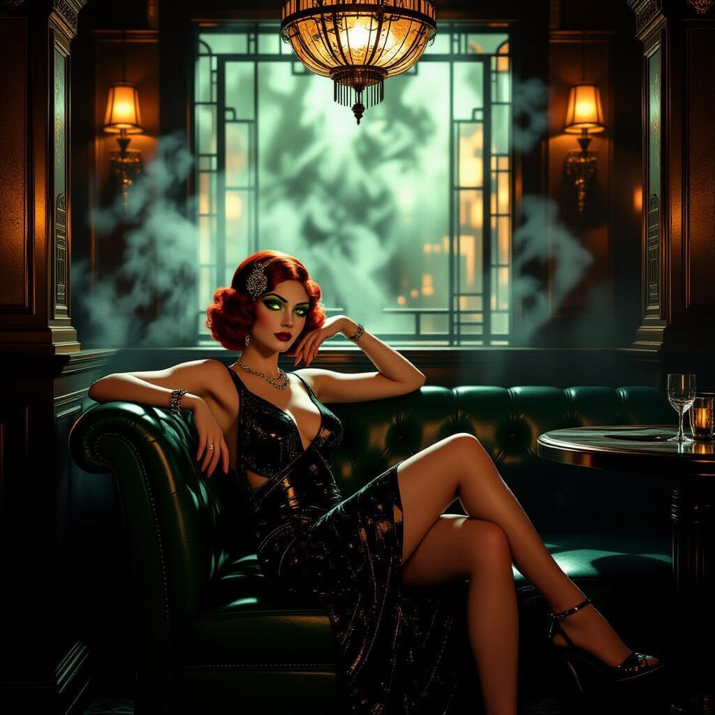 Art Deco Speakeasy with Redhead Femme Fatale