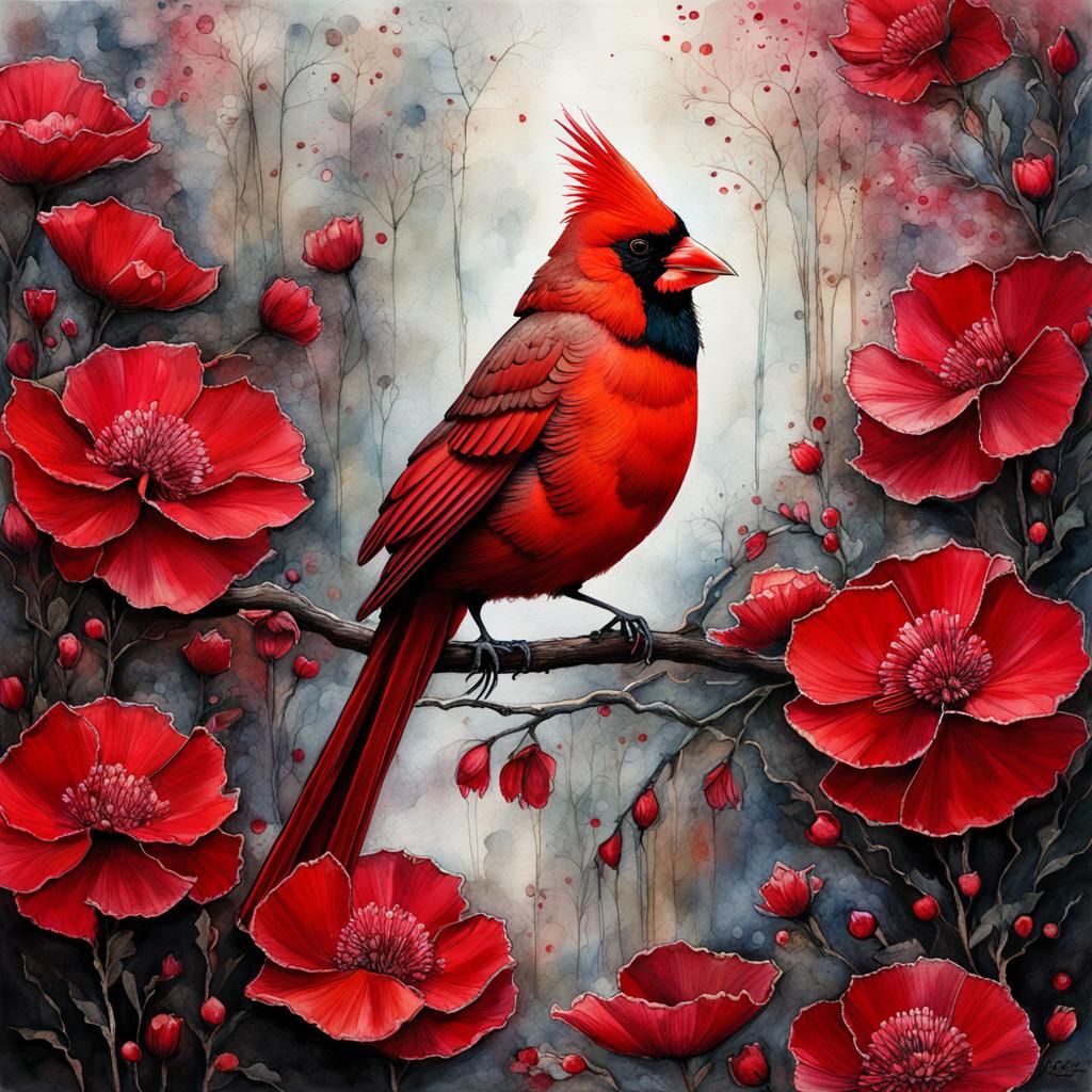 Red Cardinal in Garden of Magical Flowers
