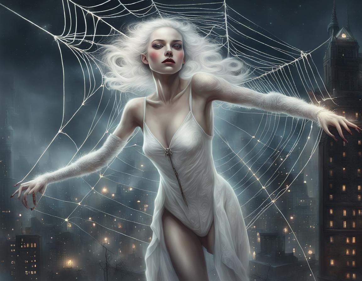 Spider-Woman Swings Through Cyberpunk Cityscape