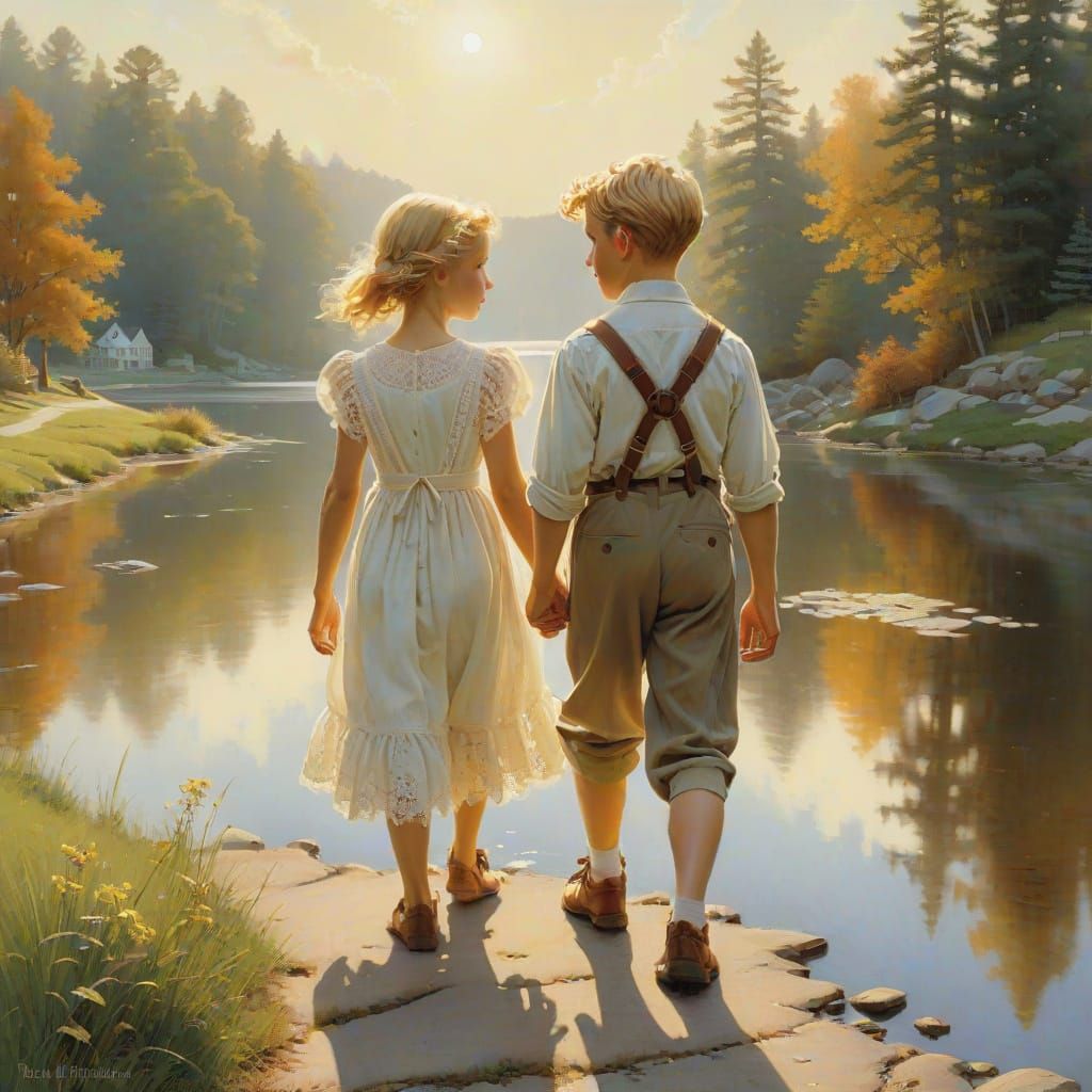 Idyllic Lakeside Scene in Rockwell Style