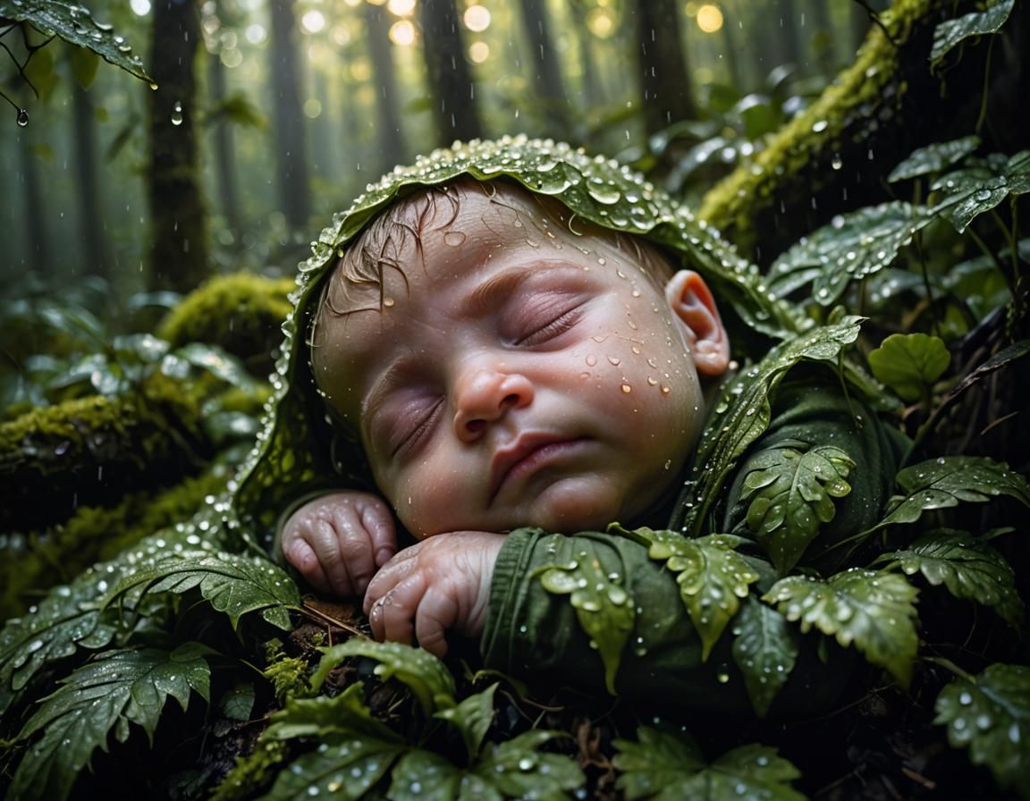 Sleeping Baby in Dew-Kissed Forest, Soft Lighting