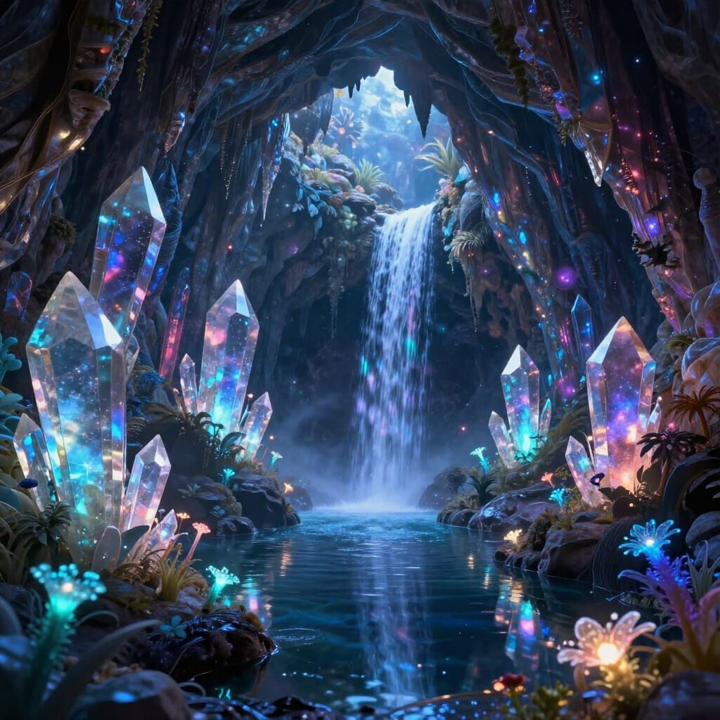 Midnight Crystal Cavern with Bioluminescent Flora