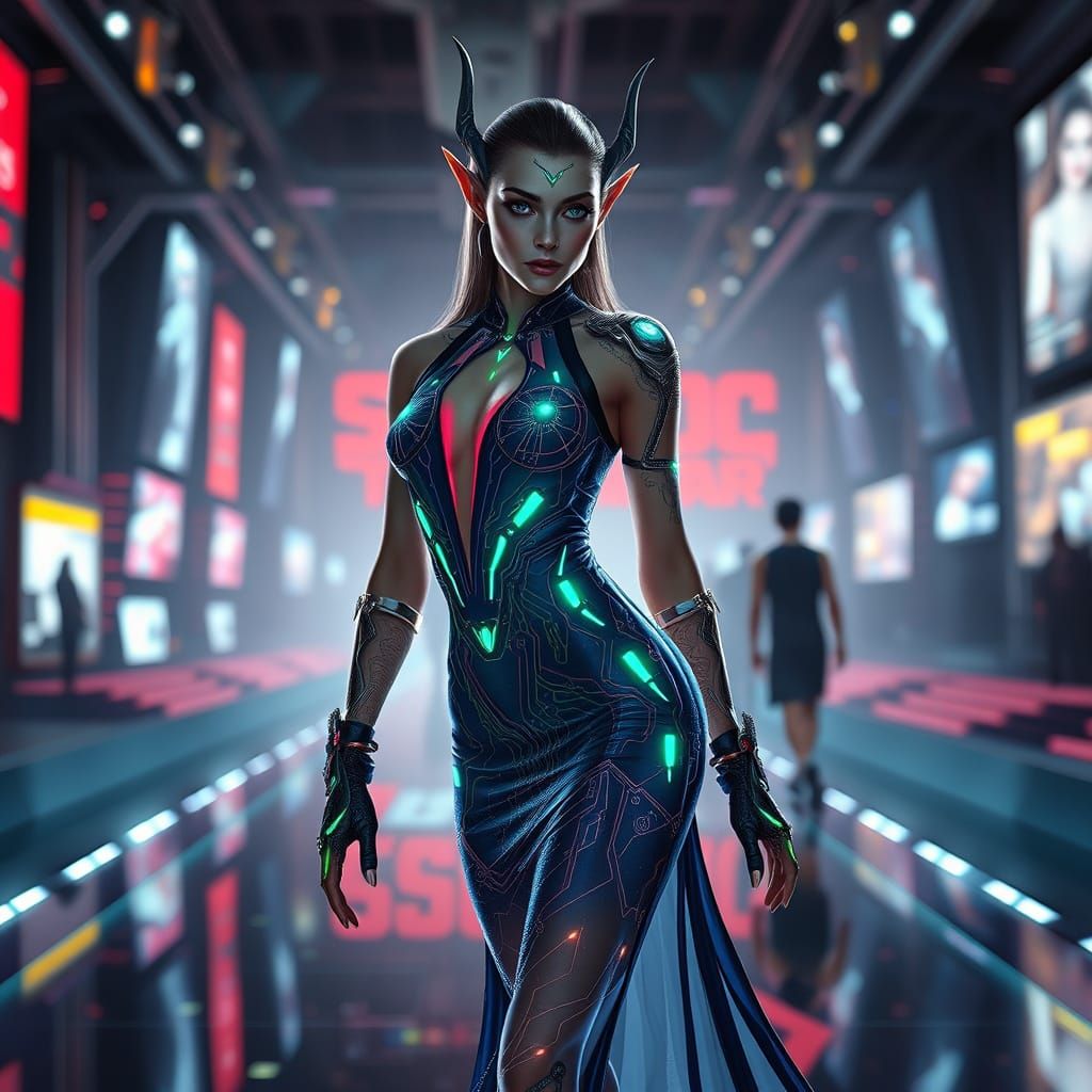 Cyberpunk Elven Supermodel Strides Down Futuristic Catwalk