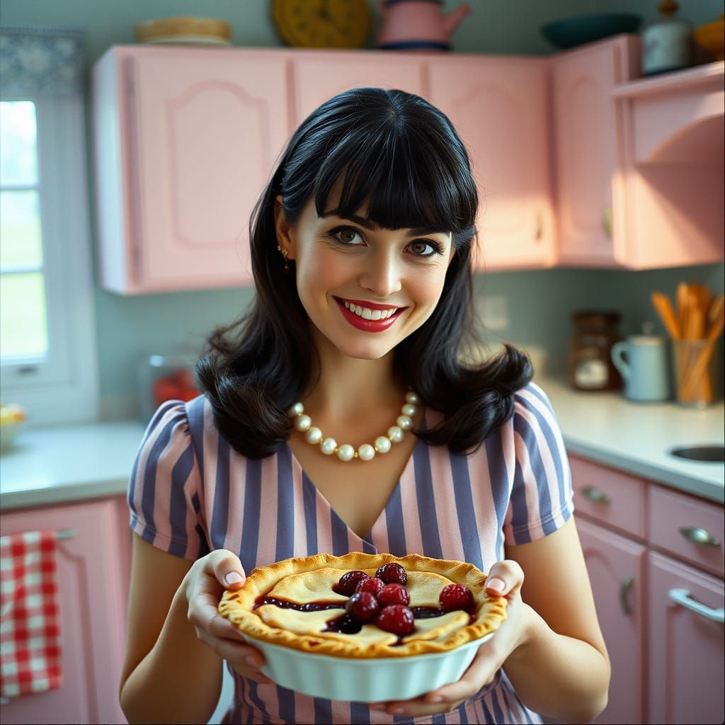 Woman in Fifties Dress with Berry Pie in Kitchen