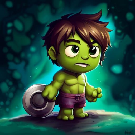 Adorable Chibi Hulk in Polychromatic Oil Gouache