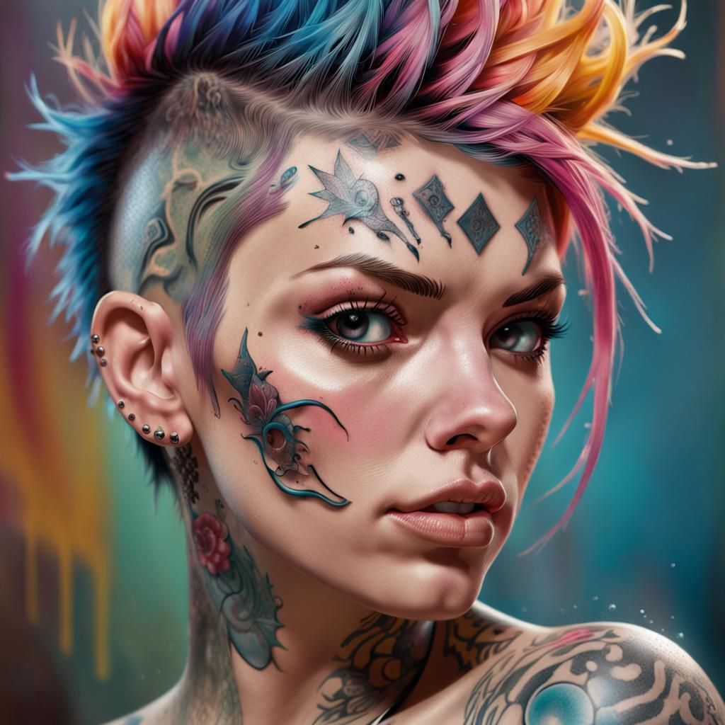 Tattooed Punk Woman in Hyperrealistic Splash Art