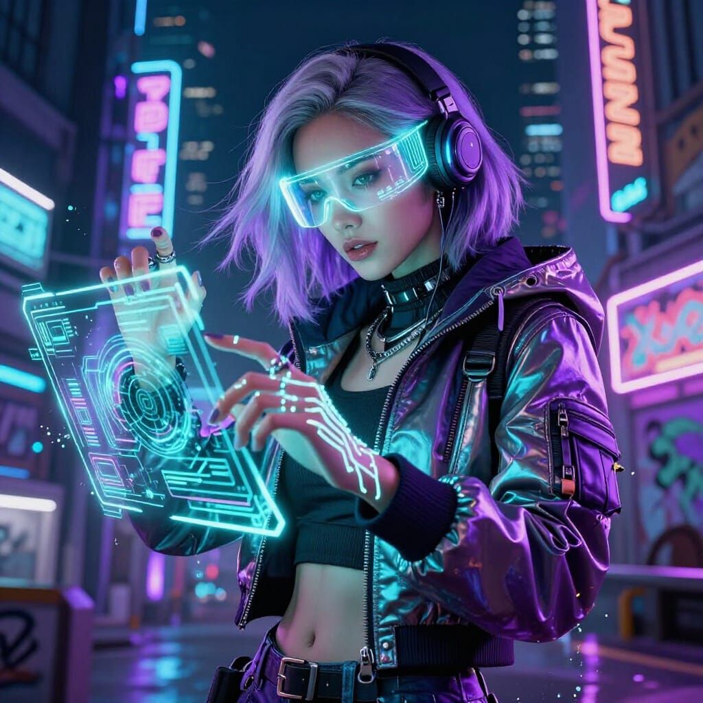 Cyberpunk Cyborg Hacker with Neon Interfaces