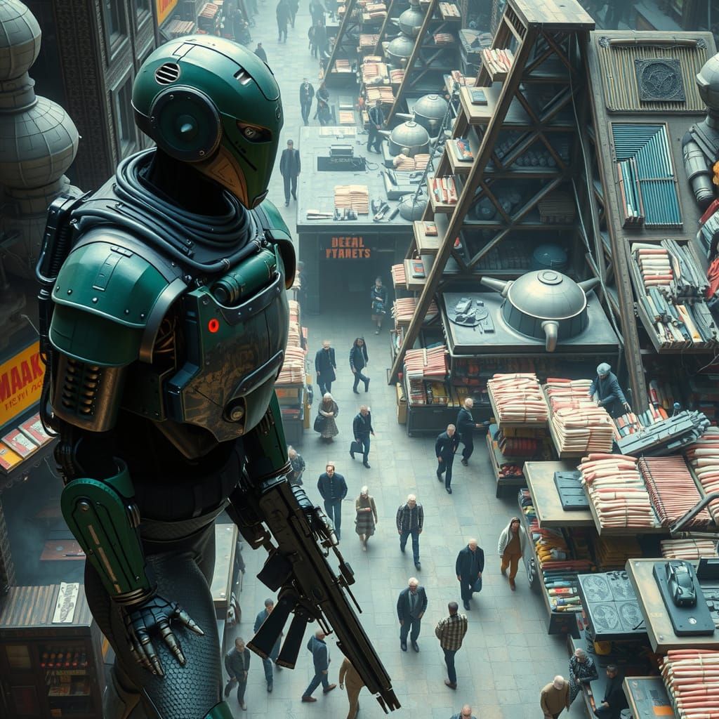 Photorealistic bird's-eye view of gargantuan interstellar market bazaar with cybernetic warrior. Surrealism mixed media....