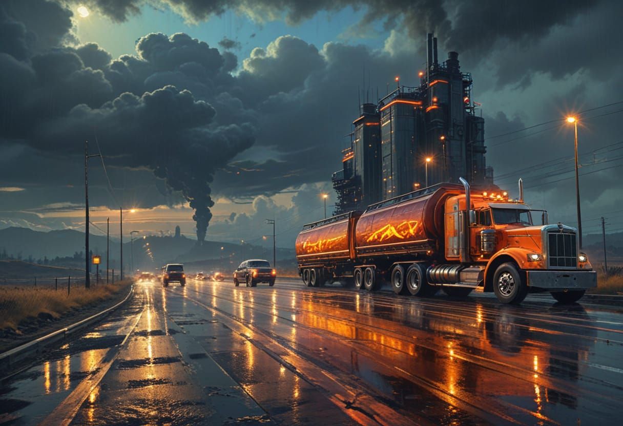 Dieselpunk Truck on Highway in HDR Oil Painting