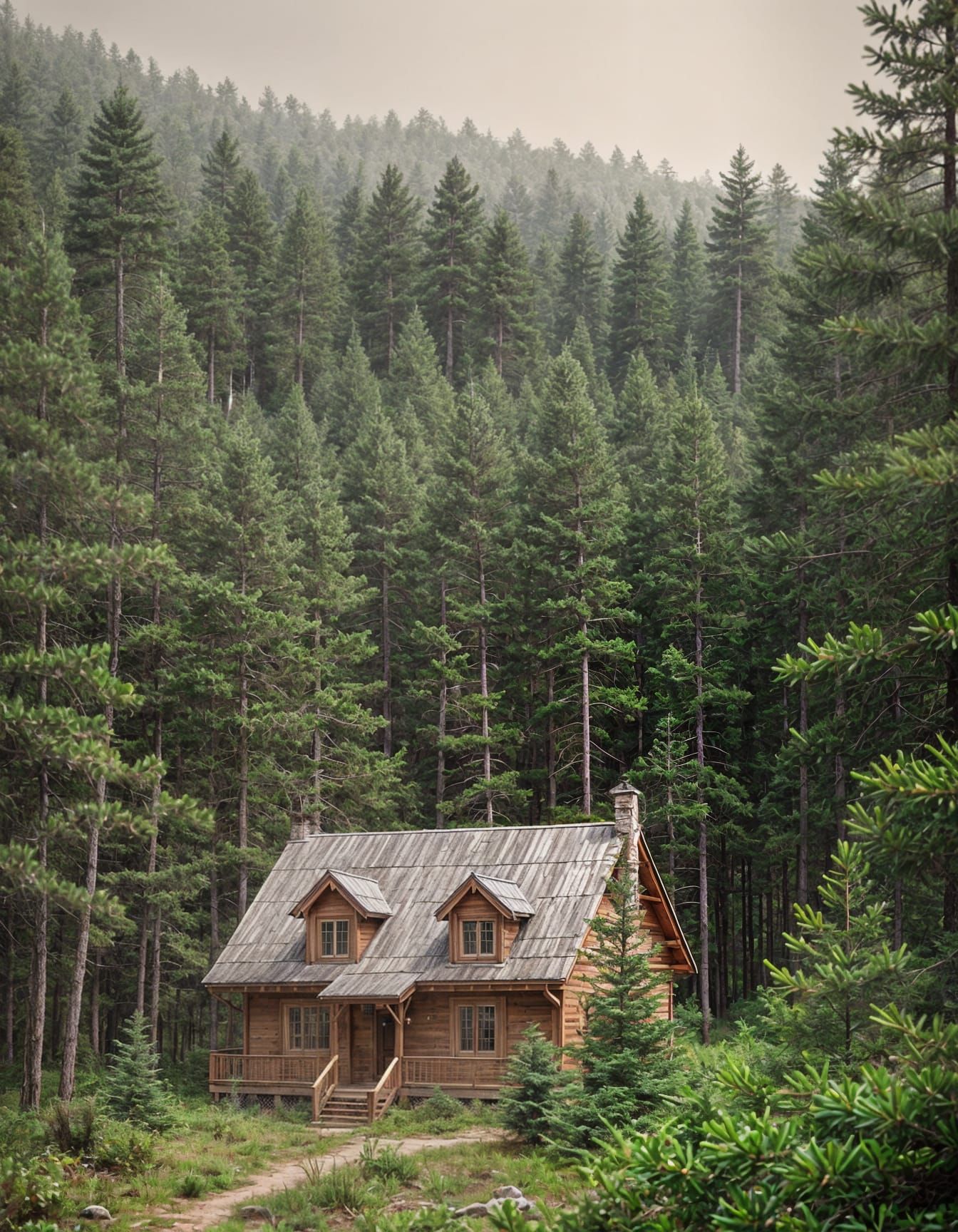 Cozy Cabin Surrounded by Towering Pine Trees in Realistic Wo...