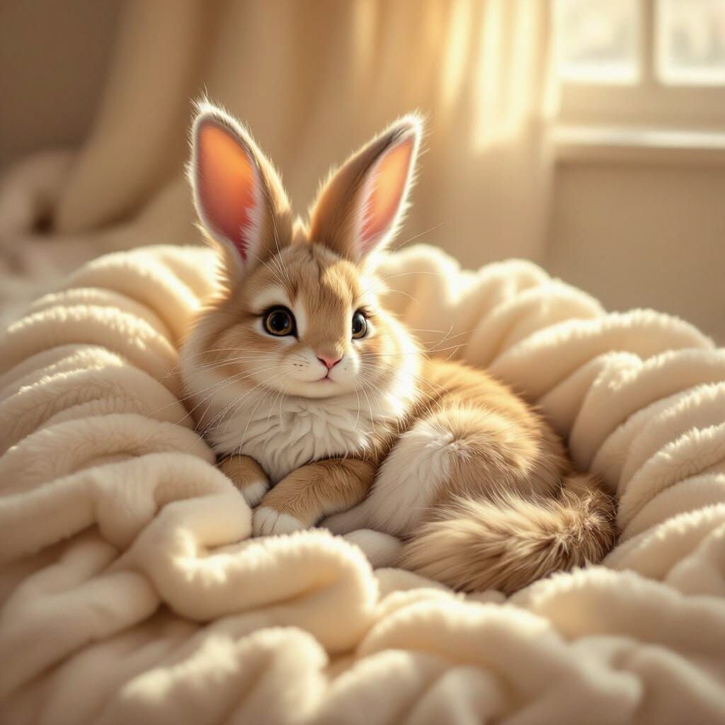 Whimsical Cat-Rabbit Hybrid on Soft Blanket