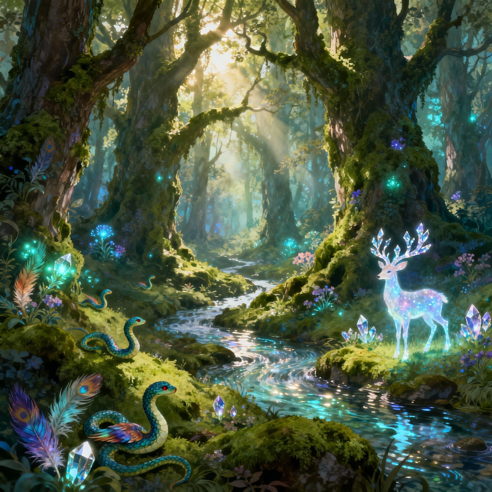 Enchanted Forest with Mythical Creatures and Bioluminescent ...
