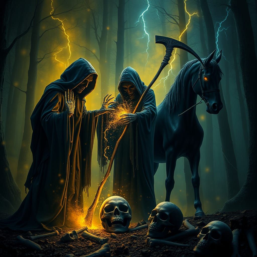 Grim Reaper in Fog-Shrouded Wood as Oil Painting