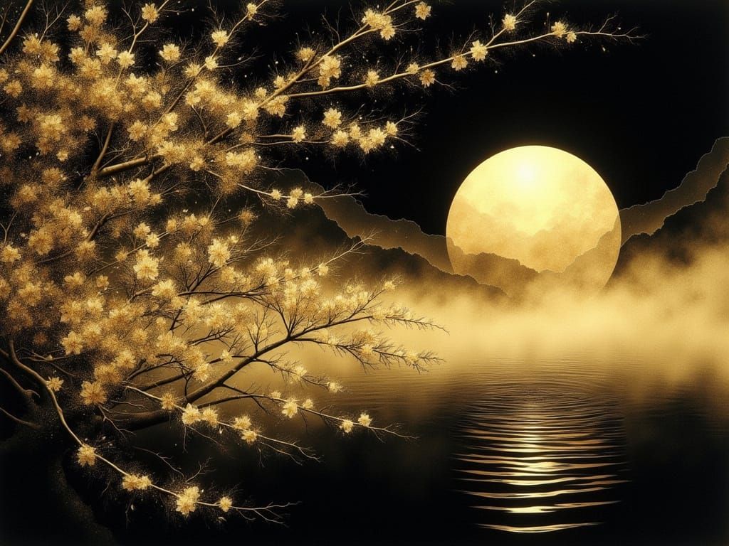 Gold and Black Ink Painting of Cherry Blossoms Under Moon