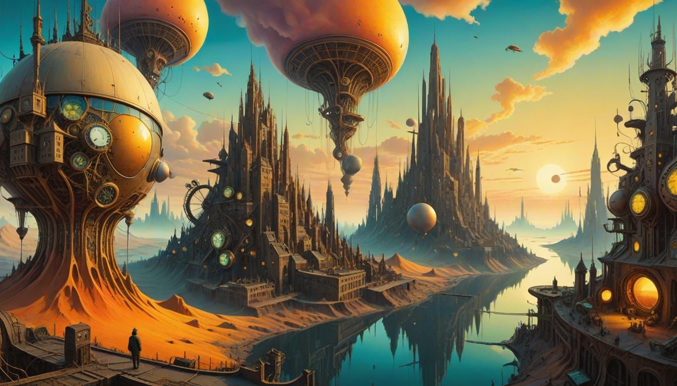 Surrealpunk Metropolis Unfolds Across Alien Landscape