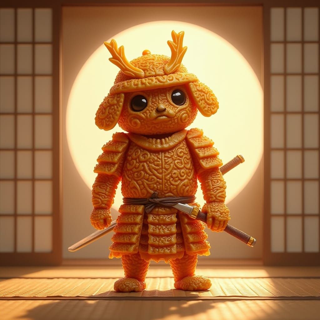 Surreal Waffle Samurai in Whimsical Japanese Dojo